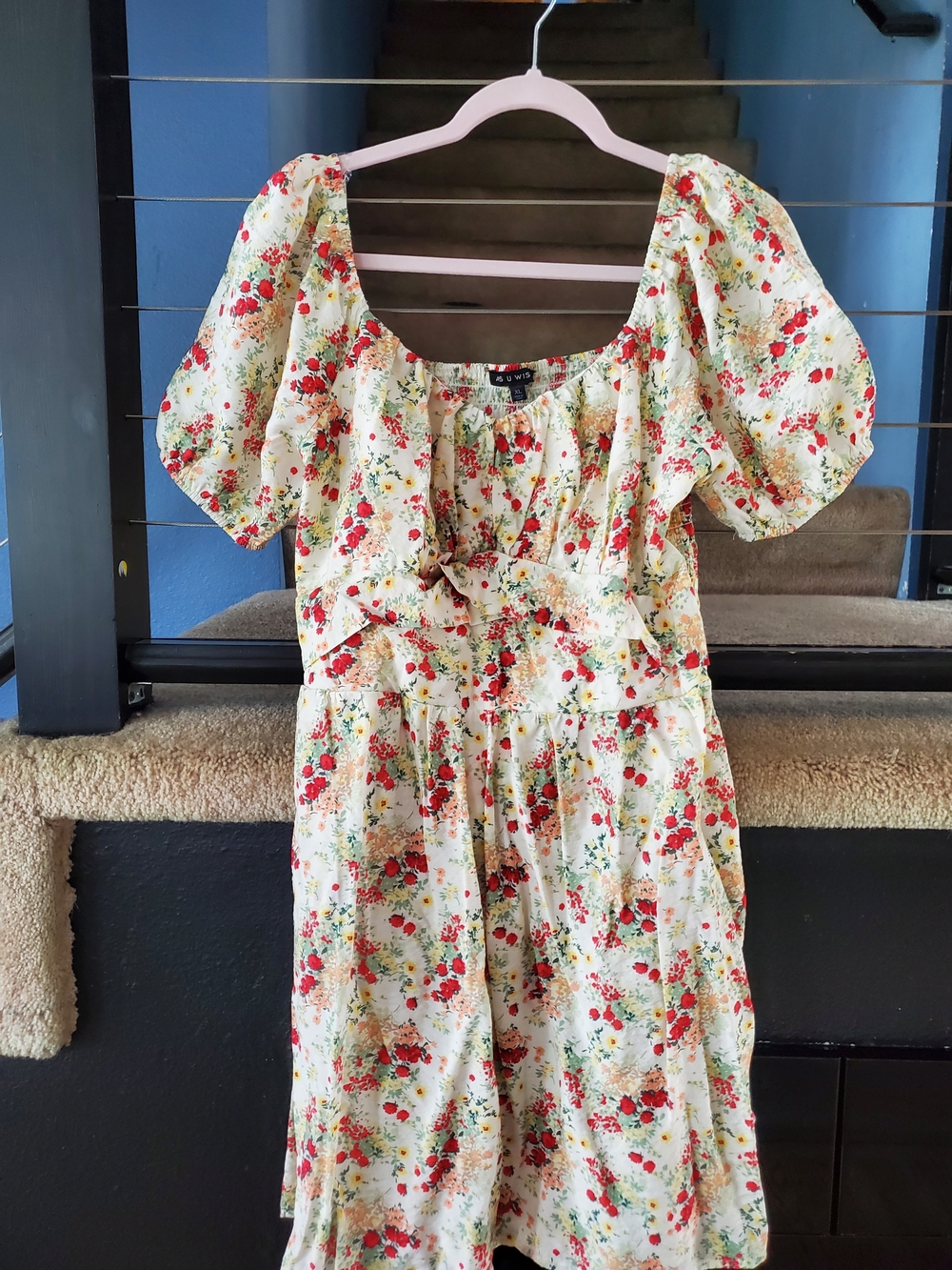 As U Wish Cream Midi Dress with Red Floral Print and Green Leaves